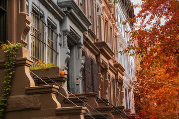 Autumn view of Row of beautiful upscale New York City apartment building homes with colorful trees - 572246664