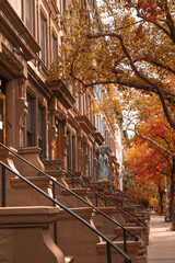 Autumn view of Row of beautiful upscale New York City apartment building homes with colorful trees
