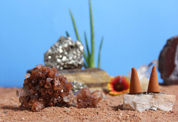 Aragonite Crystal With Incense Cones on Australian Red Sand