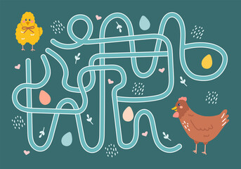 Labyrinth, help the chicken find the way to hen. Logical quest for children. Cute illustration for childrens books, educational game