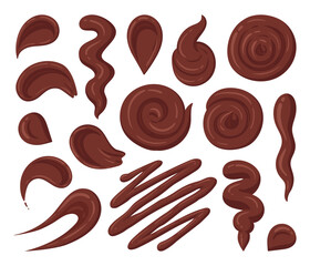 Cartoon chocolate sauce stains. Сhocolate sauce dip, cocoa sauce splash, sweet food dressing, chocolate sauce flat vector illustration on white background