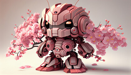 Fototapeta na wymiar The illustration character pink robot with cherry blossom. Generative AI.