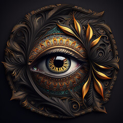 Naklejka premium background golden ornament eye pattern on black background
