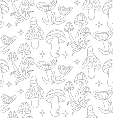 Groovy  pattern hippie  mushrooms line style  in  60s 70s. 