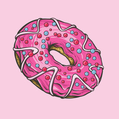 Vector donut with pink strawberry glaze and sprinkles, suitable for use as a design element, menu, packaging, advertising or restaurant decoration.