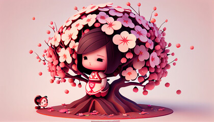 The illustration cherry blossom with character calm girl. Generative AI.