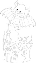 Cute Halloween bat flying arownd town houses sketch template. Cartoon vector illustration sketch in black and white for games, background, pattern, decor. Coloring paper, page, childrens story book. 