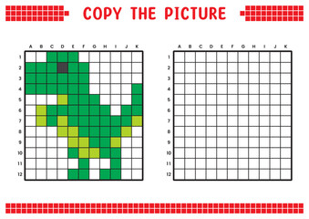 Copy the picture, complete the grid image. Educational worksheets drawing with squares. Preschool coloring activities, children's games. Pixel cartoon, vector illustration. Dinosaur, Tyrannosaurus.