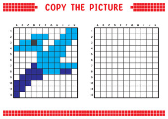 Copy the picture, complete the grid image. Educational worksheets drawing with squares. Preschool coloring activities, children's games. Pixel cartoon, vector illustration. Dinosaur, Blue Pteranodon. © Adpragus