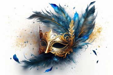 Carnival mask with golden and blue feathers on white background. Mardi Gras. Generative ai.