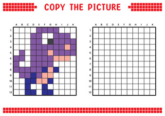 Copy the picture, complete the grid image. Educational worksheets drawing with squares. Preschool coloring activities, children's games. Pixel cartoon, vector illustration. Cute purple dinosaur.