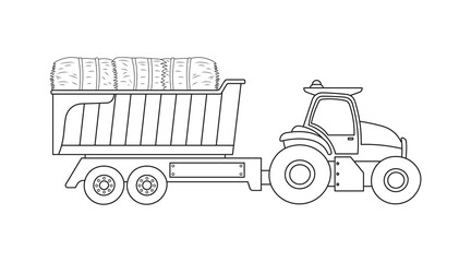 Hand drawn Vector illustration color children farmer tractor and dump tub with hays clipart