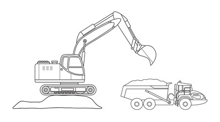 Hand drawn Vector illustration color children construction excavator with hauler clipart