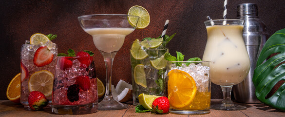 Summer cocktails drinks. Classic alcoholic long drink mocktail versions, various beverages,...