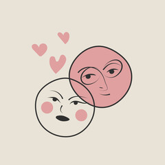 Couple of characters in love, funny vector faces of man and woman