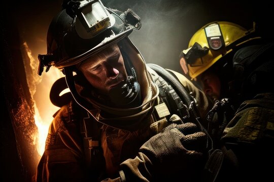 Firefighter in helmet and oxygen mask with blurred fire in the background, Generative AI