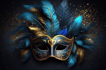 Blue and golden carnival mask with glitter and sparkles. Front view. Generative ai.
