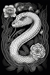 Fototapeta premium snake and roses black and white illustration