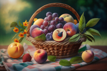 still life fruit basket grapes peaches apples