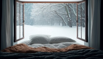 Window Looking At Winter Snow Outside - Cozy winter View