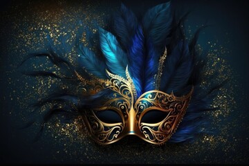 Venetian mask in golden, blue and turquoise colors. Generative ai.