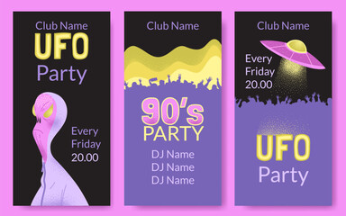 Set of vector banner templates for an event in the style of the nineties with a funny alien and a flying saucer. UFO party