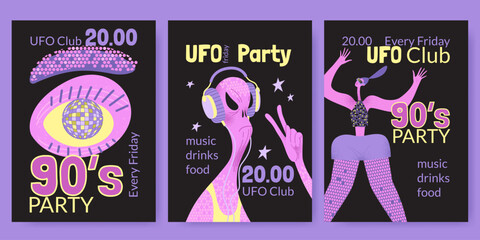 Set of vector banner templates for event in nineties style with funny girl, alien and disco ball. UFO party.