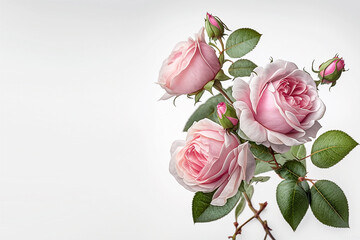 Fototapeta premium Festive congratulatory bouquet of pink roses with green leaves on a light background. Generative AI, generative artificial intelligence