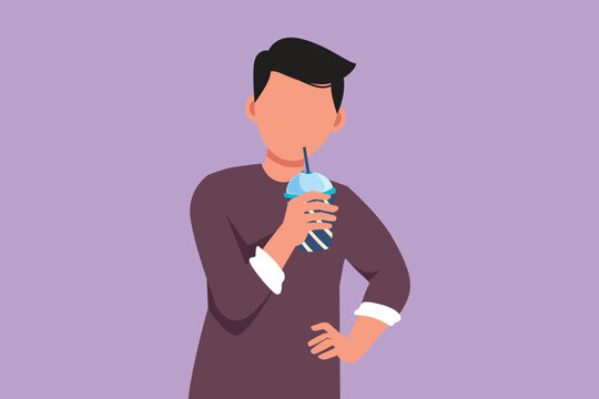 Graphic flat design drawing portrait of young male drinking orange juice from plastic cup with one hand on the waist. Feels thirsty and refreshing in summer season. Cartoon style vector illustration