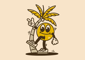 Yellow ball character walking under coconut tree illustration