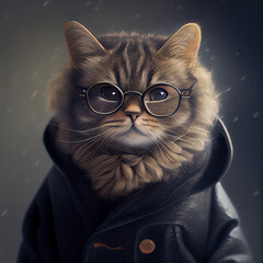 chic cat charisma wearing coat, wearing sunglasses, funny, fashion, pic as wallpaper, poster, t shirt and others
