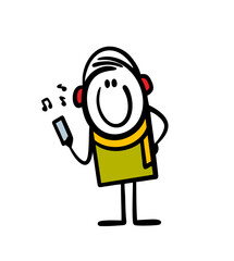 Stick figure teenager holds smartphone and listen to modern melody song in headphones.