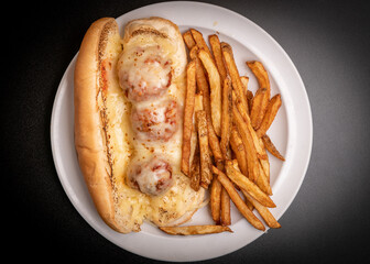 Meatball sub with french fries