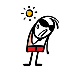 Poor stick figure character in red swimming trunks suffers from heat under the hot sun.