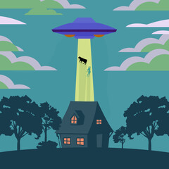 Alien ufo cow composition with outdoor night view of field and ufo light ray abducting cow © Ustoz Feruz