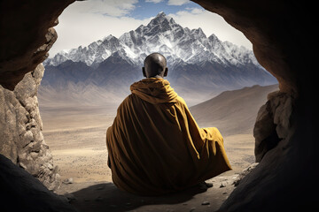 Generative AI Illustration of a sitting Tibetan Buddhist monk looking at the mountains of the Himalayas - obrazy, fototapety, plakaty