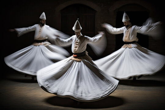 Generative AI Illustration of a group of Turkish dervishes in white dresses spinning inside a dark room