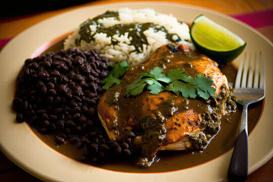 Mole Poblano, Chili and Chocolate Sauce Chicken with Black beans and Rice, 3D Render