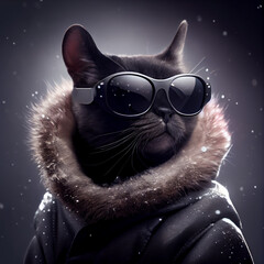 chic cat charisma wearing coat, wearing sunglasses, funny, fashion, pic as wallpaper, poster, t shirt and others