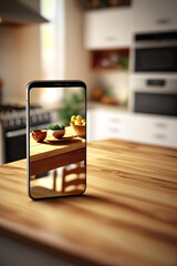 Smartphone food photography. Wood table top on blur kitchen room background. Ai generative