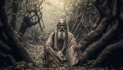 Fototapeta na wymiar Old sadhu yogi sitting in a jungle forest.Guru of yoga illustration generative ai 