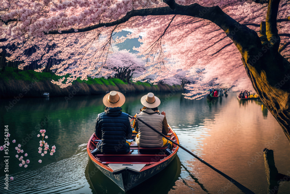 Wall mural Two people in a Japanese kasa hat are sailing on a wooden boat with oars on the river during the sakura (cherry blossom) season, beautiful sakura flowers festival, japan. AI