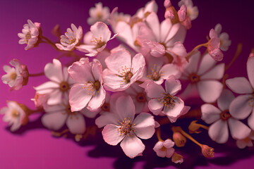 Fototapeta na wymiar White plum tree flowers scattered over a pink background, levitation, spring flowers conception, generated ai