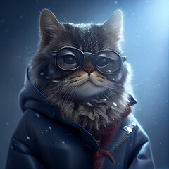 chic cat charisma wearing coat, wearing sunglasses, funny, fashion, pic as wallpaper, poster, t shirt and others