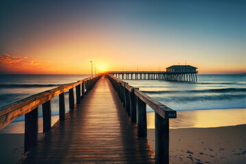 Fototapeta premium Romantic illustration with a wooden bridge leading to a house over the water, with a background of sunset and the ocean. Generative AI