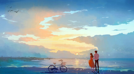 Romantic Sunset Couple Standing on Beach with Bicycle, Watching the Sun Set in a Dreamy Ocean View