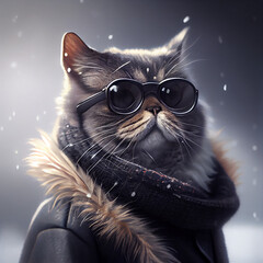 chic cat charisma wearing coat, wearing sunglasses, funny, fashion, pic as wallpaper, poster, t shirt and others
