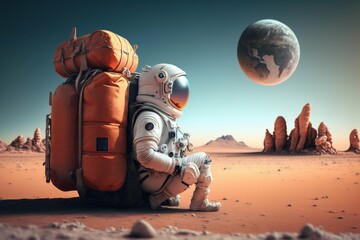 Naklejka na ściany i meble Astronaut Tourist Colonizer on other Planet. Generative AI