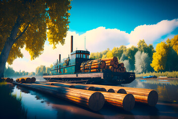 Cargo ship loaded with wood on the river bank of mixed forests. Generative AI