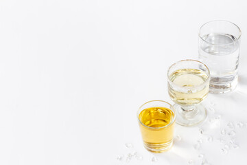 Strong alcohol set. Hard alcoholic drinks in glasses in assortment